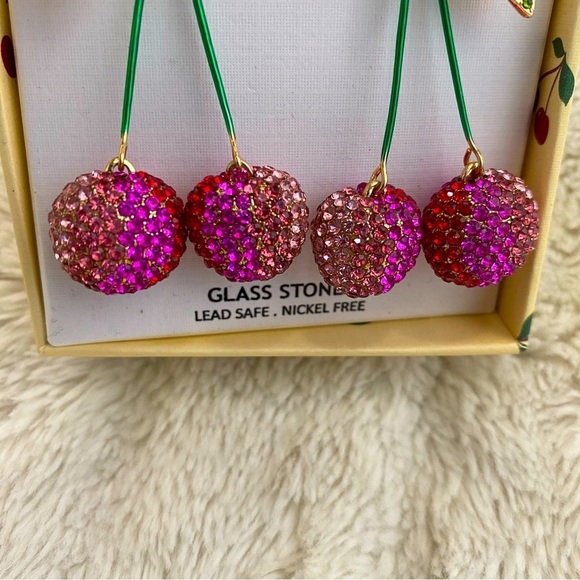 Crystal Cherry Statement Dangle Earrings Pink Green NIB - Picture 9 of 10